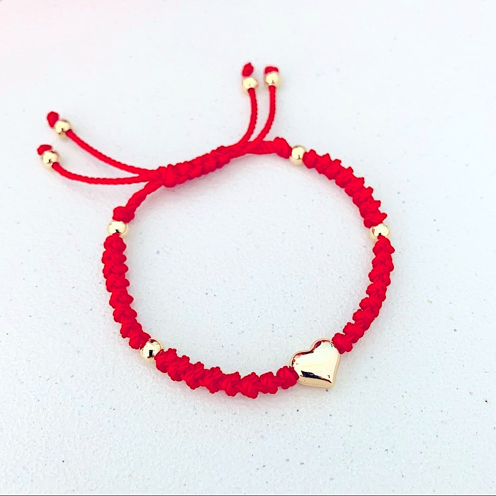 Stainless Steel Golden Puffed Heart Adjustable Macrame Bracelet Red
